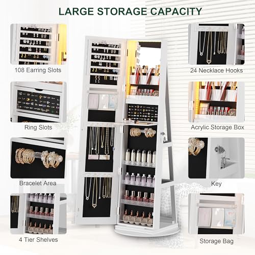360° Rotating Jewelry Cabinet with Lights and Mirror