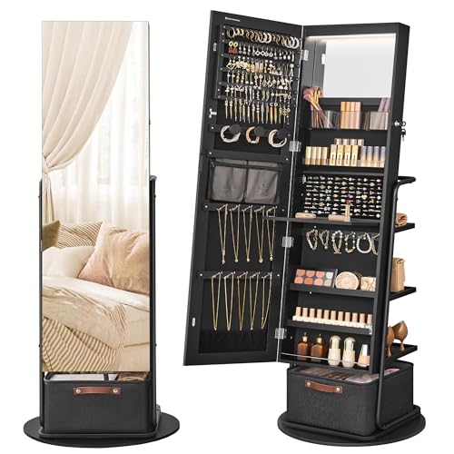 360° Swivel Mirrored Jewelry Cabinet with Lights, Storage Organizer