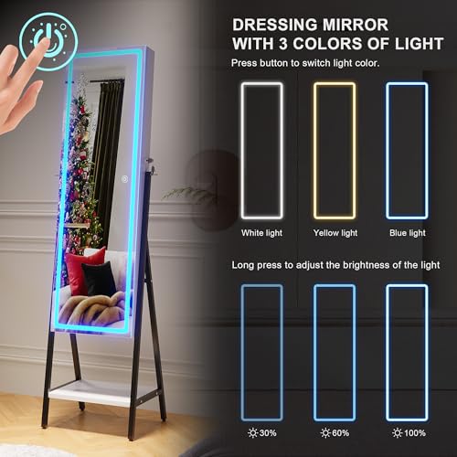 LED Mirror Jewelry Armoire Organizer with Lock, Adjustable Lights