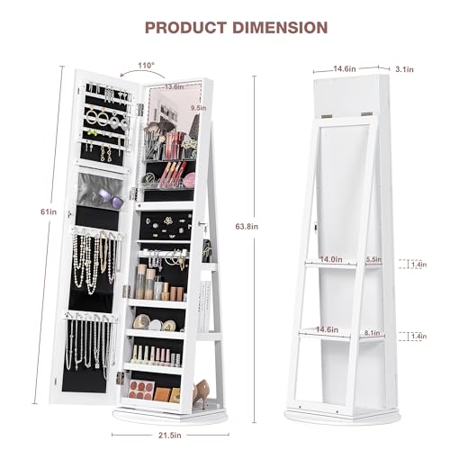 360° Swivel Mirror Jewelry Cabinet with Lights, White