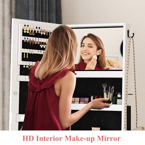 AZODY White Standing Mirror Jewelry Cabinet Organizer