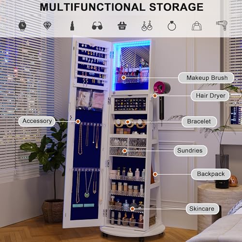 360° Swivel LED Mirror Jewelry Armoire Organizer (White)