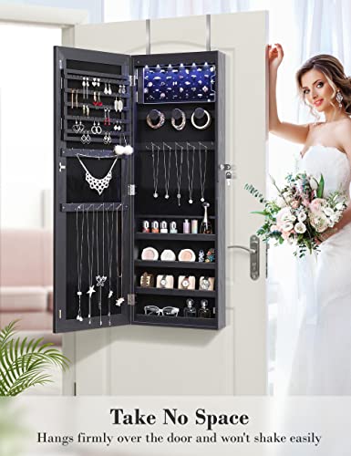 LED Mirror Jewelry Armoire, Wall Mounted Organizer, Black