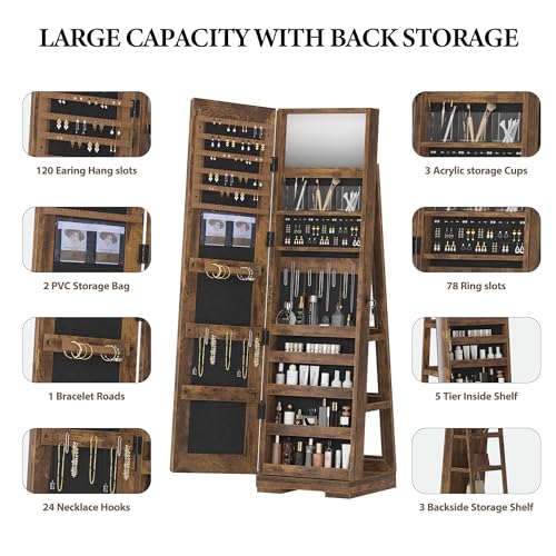 sogesfurniture Rotatable Jewelry Organizer Armoire, Lockable Cabinet, Mirror