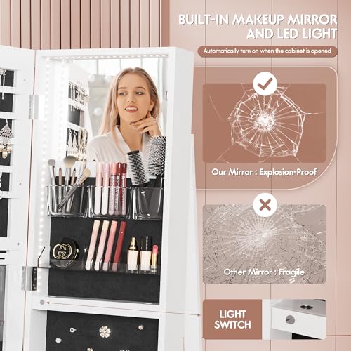 White Swivel Mirrored Jewelry Armoire with LED Light