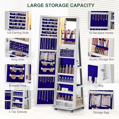 360° Rotating Jewelry Armoire with Lockable Mirror Organizer