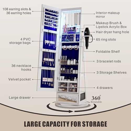 360° Swivel Standing Jewelry Cabinet with Lights - White