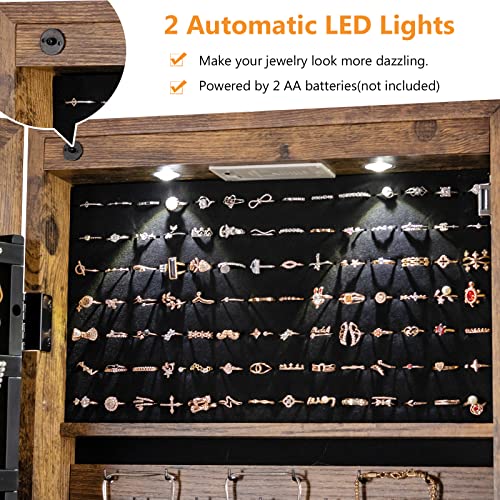 Rustic Brown Jewelry Armoire with Mirror & LED Lights