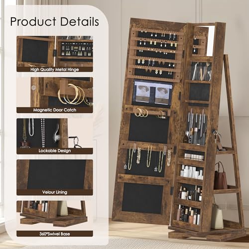 Soges Rustic Brown Rotating Jewelry Mirror Cabinet Organizer
