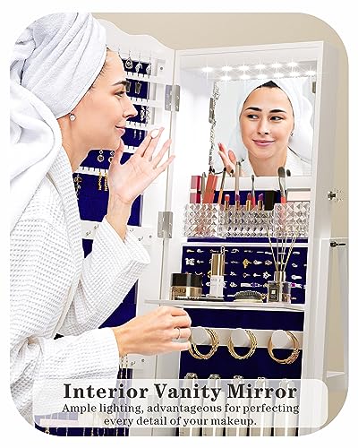 White Standing Mirror Jewelry Cabinet with Lights and Storage
