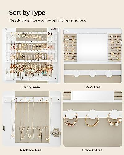 LED Jewelry Cabinet Wall/Door Mounted Organizer, Lockable Mirror