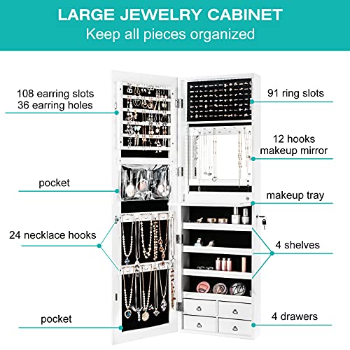 White Jewelry Armoire with LED Strip, Mirror & Storage