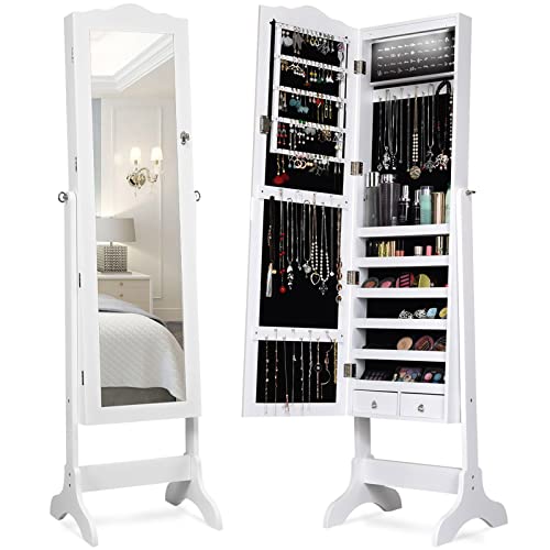 White Jewelry Armoire Organizer with Mirror and LEDs