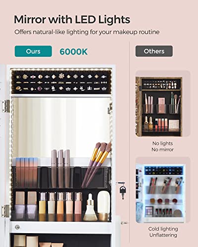 White Standing Mirror Jewelry Armoire with LED Lights