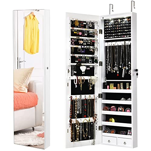 White Wall Mounted Jewelry Armoire with Mirror & Storage