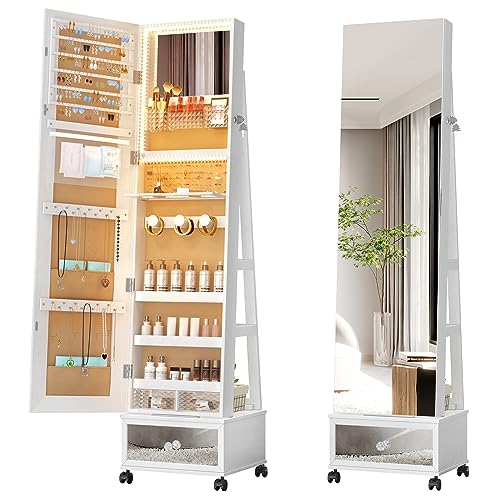 360° Swivel Jewelry Mirror Cabinet with Lights & Organizer