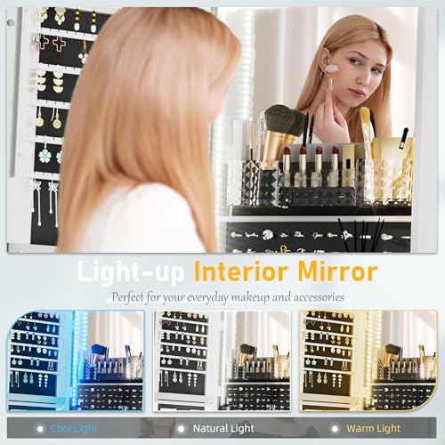 LED Mirror Jewelry Cabinet with Adjustable Lights, Lockable Armoire