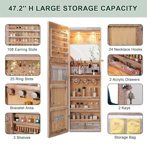 HNEBC LED Mirror Jewelry Cabinet with RGB Lights