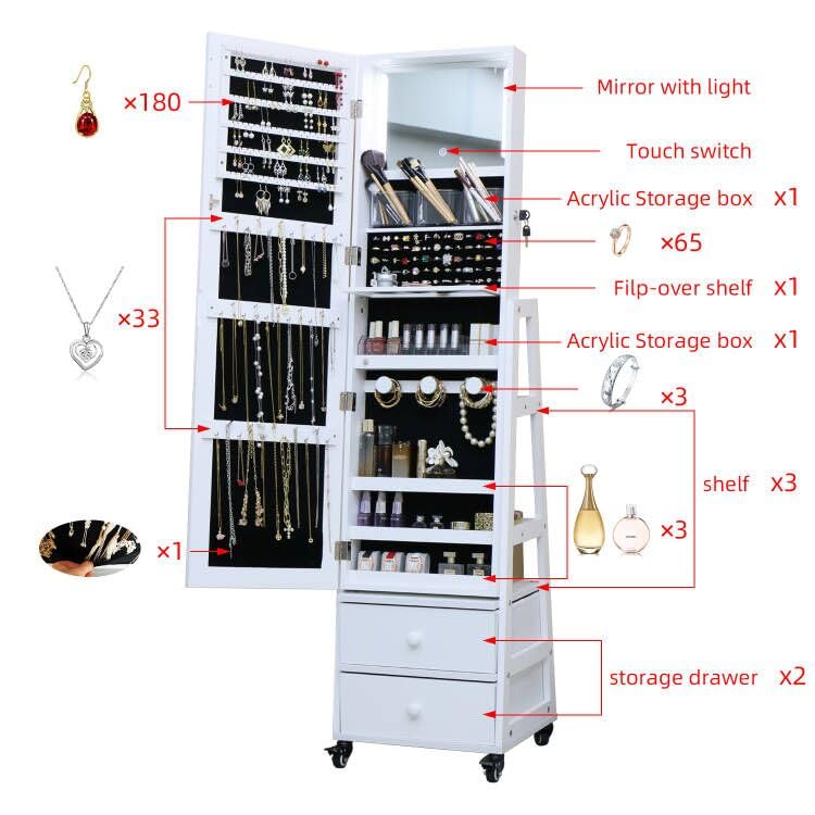 MASMIRE Rotating Jewelry Armoire with Full Length Mirror