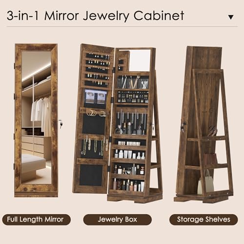 Soges Rustic Brown Rotating Jewelry Mirror Cabinet Organizer