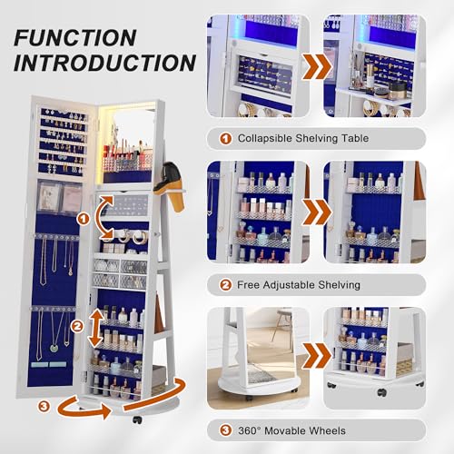 360° Swivel LED Mirror Jewelry Armoire Organizer (White)