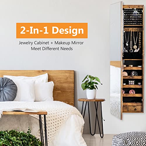 Rustic Brown Jewelry Armoire with Mirror & LED Lights