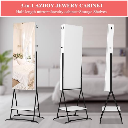 AZODY White Standing Mirror Jewelry Cabinet Organizer