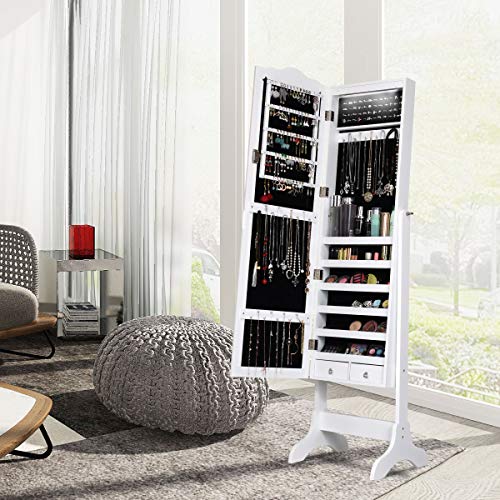 White Jewelry Armoire Organizer with Mirror and LEDs