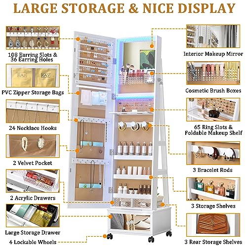 360° Swivel Jewelry Mirror Cabinet with Lights & Organizer