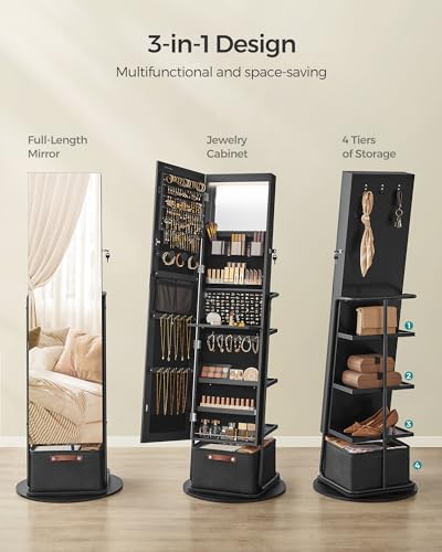 360° Swivel Mirrored Jewelry Cabinet with Lights, Storage Organizer