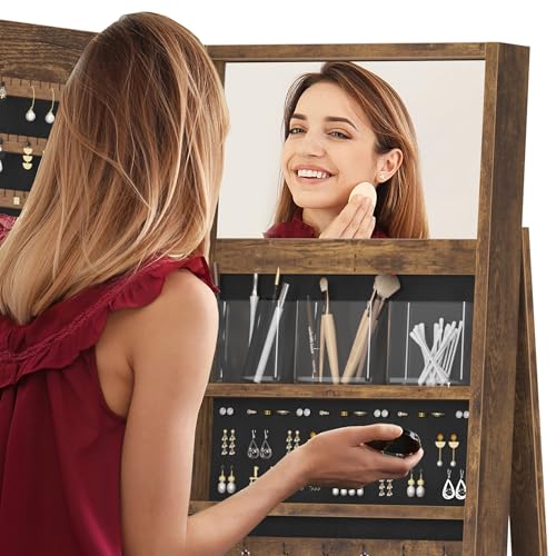 sogesfurniture Rotatable Jewelry Organizer Armoire, Lockable Cabinet, Mirror