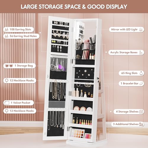 White Swivel Mirrored Jewelry Armoire with LED Light
