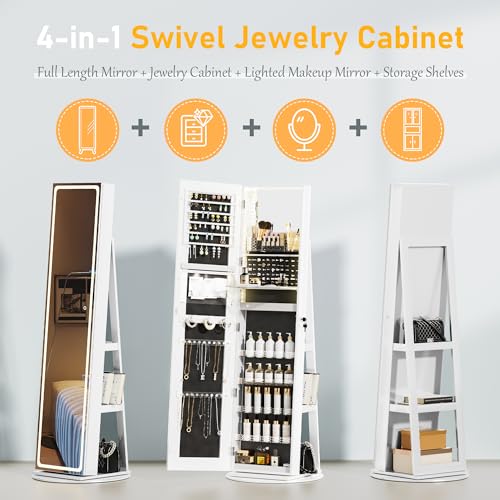 LED Mirror Jewelry Cabinet with Adjustable Lights, Lockable Armoire