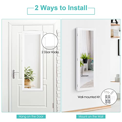 White Jewelry Cabinet with Mirror and Necklace Hooks