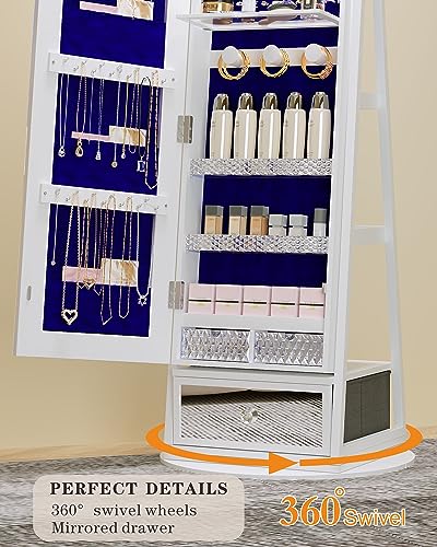 White Standing Mirror Jewelry Cabinet with Lights and Storage