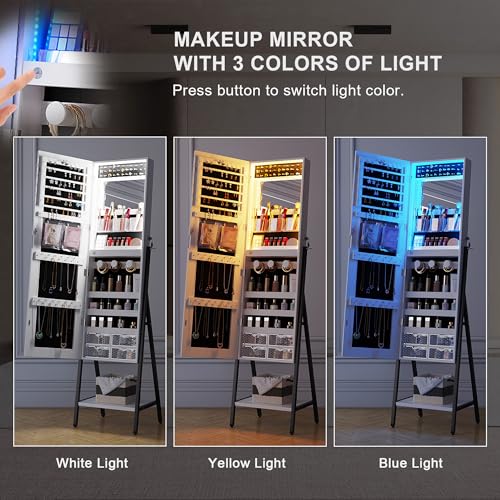 LED Mirror Jewelry Armoire Organizer with Lock, Adjustable Lights