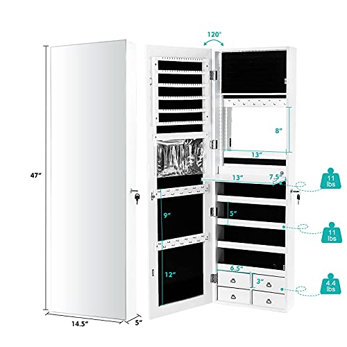 White Jewelry Armoire with LED Strip, Mirror & Storage