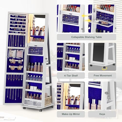 360° Rotating Jewelry Armoire with Lockable Mirror Organizer