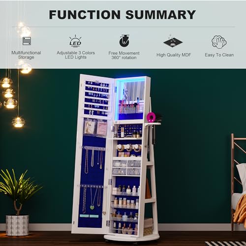 360° Swivel LED Mirror Jewelry Armoire Organizer (White)
