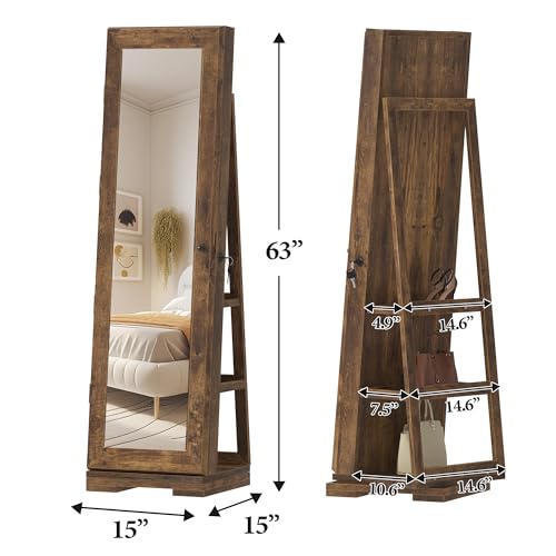 Soges Rustic Brown Rotating Jewelry Mirror Cabinet Organizer