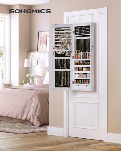 White Wall-Mounted Jewelry Cabinet with LED Lights & Mirror