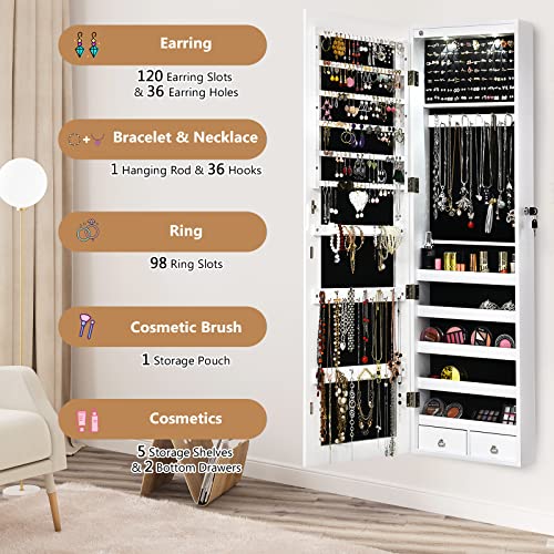 White Wall Mounted Jewelry Armoire with Mirror & Storage