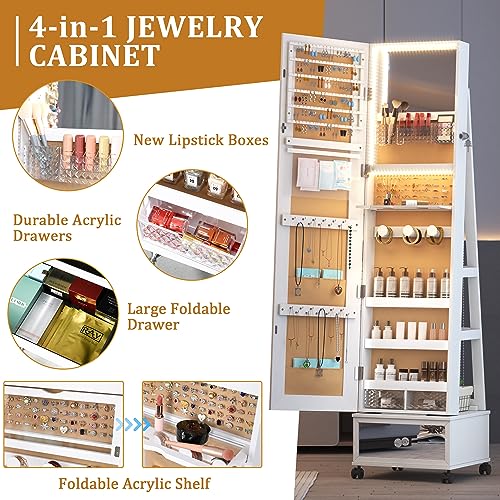 360° Swivel Jewelry Mirror Cabinet with Lights & Organizer