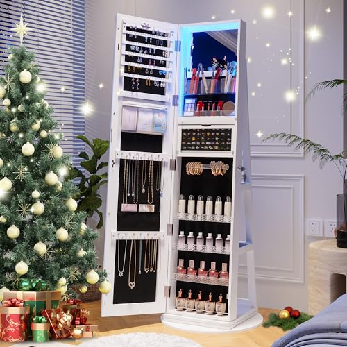 360° Rotating Jewelry Cabinet with Lights and Mirror