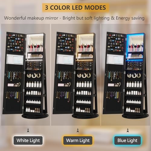 Swivel Jewelry Cabinet with Lights and Full-Length Mirror