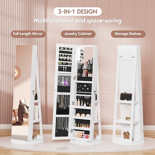 White Swivel Mirrored Jewelry Armoire with LED Light