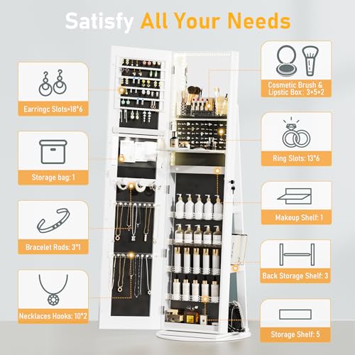 LED Mirror Jewelry Cabinet with Adjustable Lights, Lockable Armoire