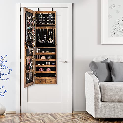 Rustic Brown Jewelry Armoire with Mirror & LED Lights