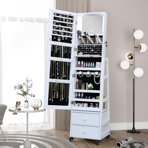 MASMIRE Rotating Jewelry Armoire with Full Length Mirror