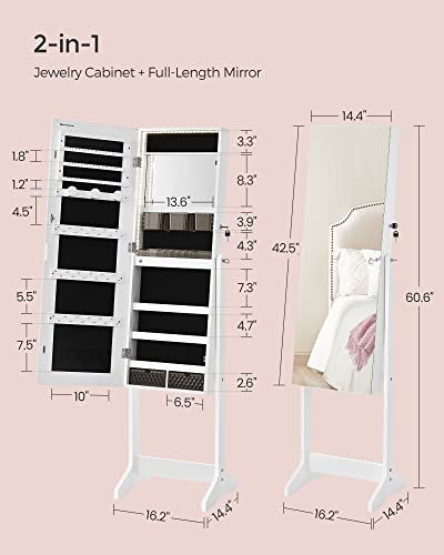 White Standing Mirror Jewelry Armoire with LED Lights